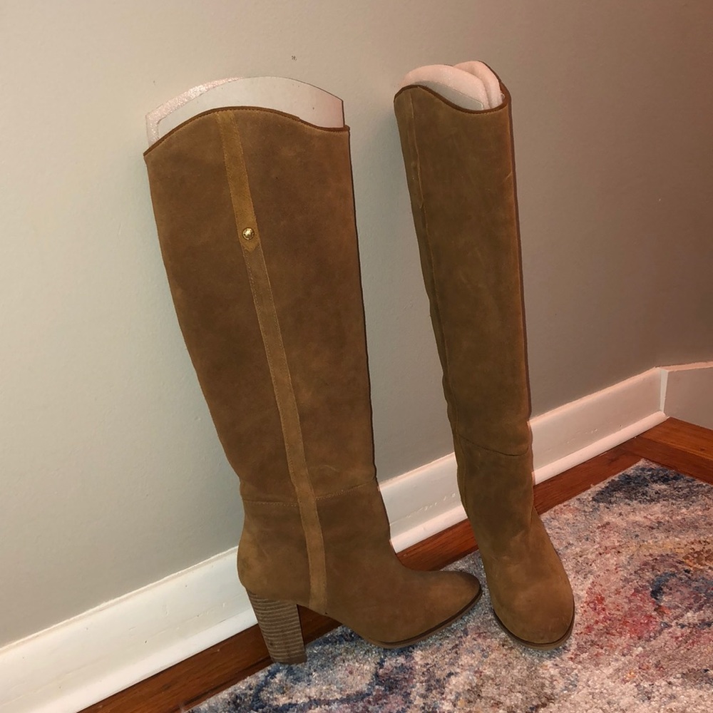 Honon Cognac suede knee high heeled boots